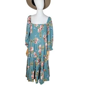 Baltic Born Marta Smocked Floral Midi Dress Blue Green 2XL Romantic Boho Chic